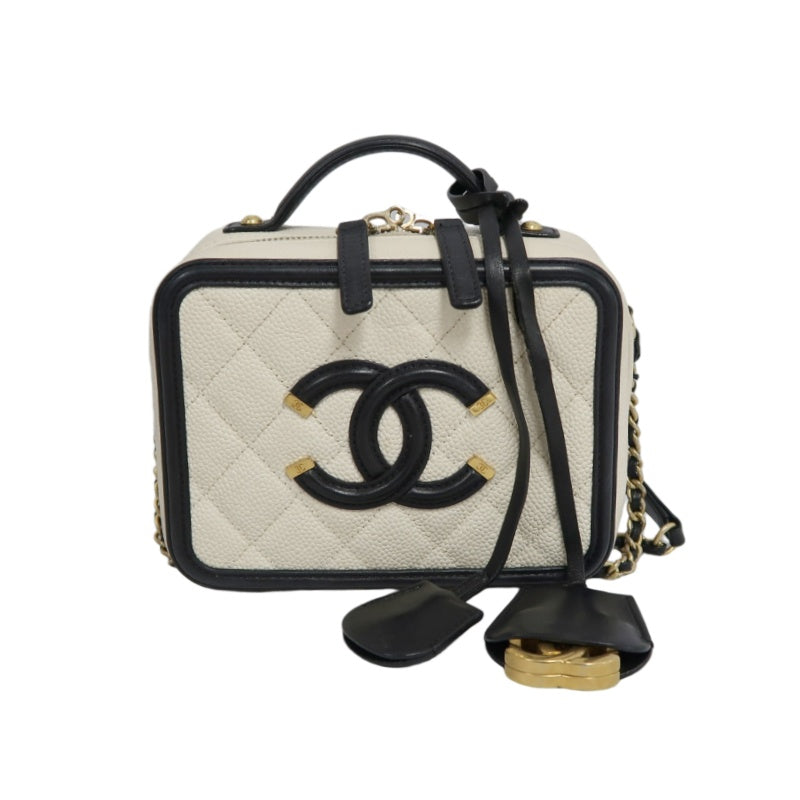 CHANEL CC Filigree Caviar Leather Handbag White/Black Gold-Tone Hardware with Shoulder Strap