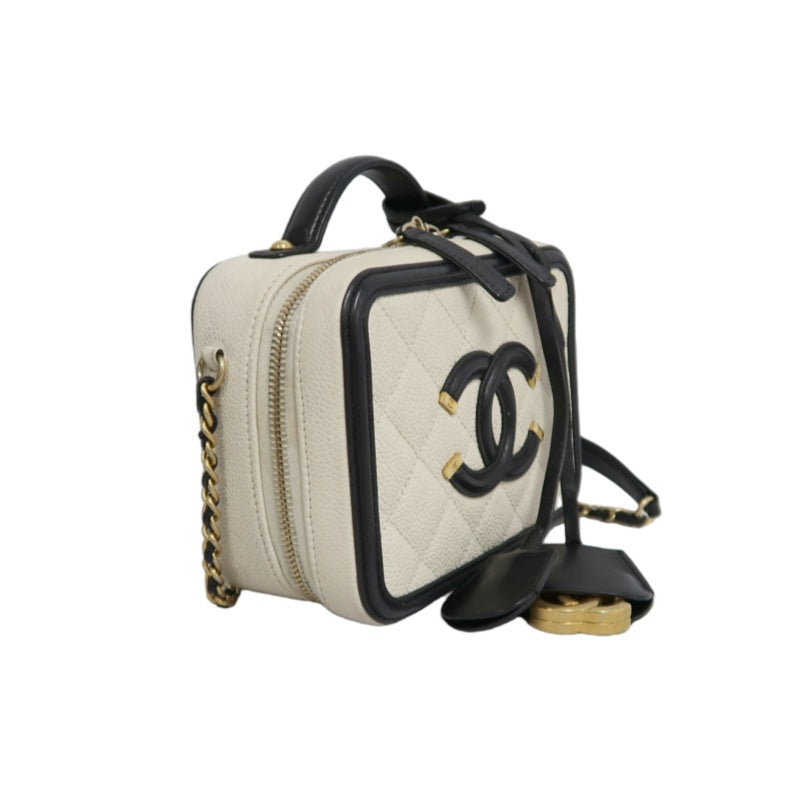 CHANEL CC Filigree Caviar Leather Handbag White/Black Gold-Tone Hardware with Shoulder Strap