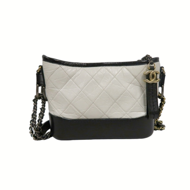 CHANEL Gabrielle Calfskin Shoulder Bag White/Black Silver-Tone Hardware