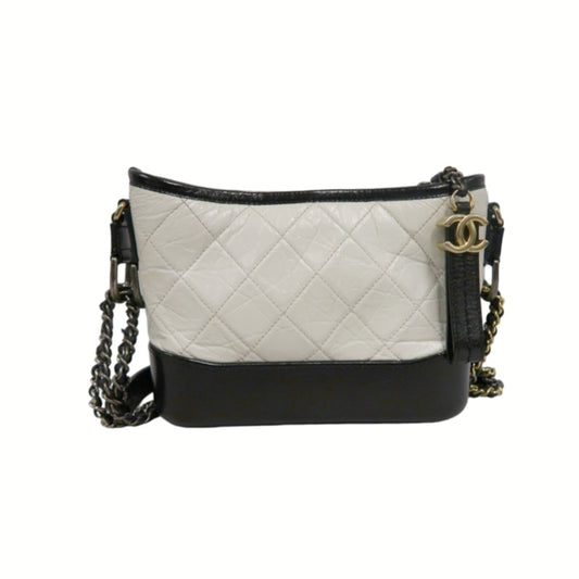 CHANEL Gabrielle Calfskin Shoulder Bag White/Black Silver-Tone Hardware