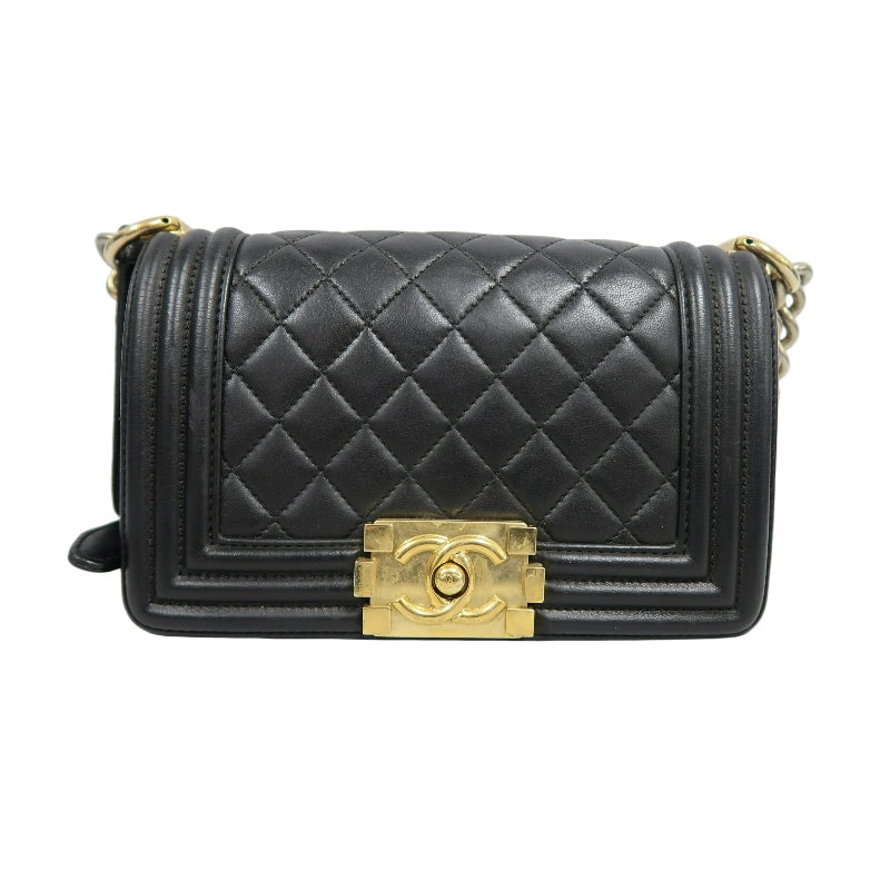 CHANEL Boy Matelassé Lambskin Shoulder Bag Black Gold-Tone Hardware