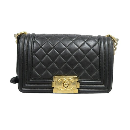 CHANEL Boy Matelassé Lambskin Shoulder Bag Black Gold-Tone Hardware
