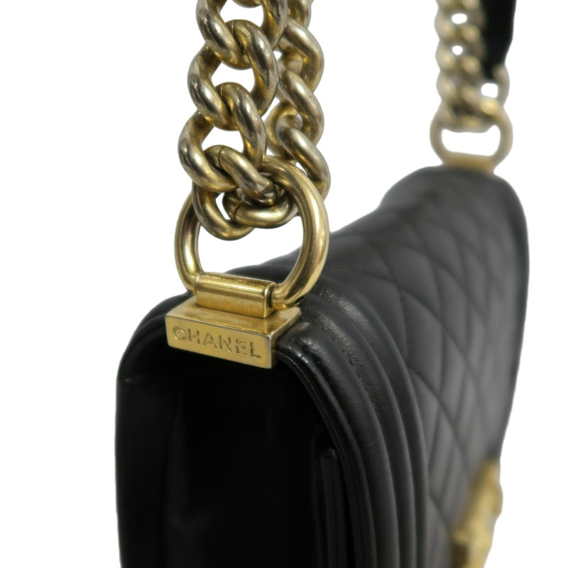 CHANEL Boy Matelassé Lambskin Shoulder Bag Black Gold-Tone Hardware