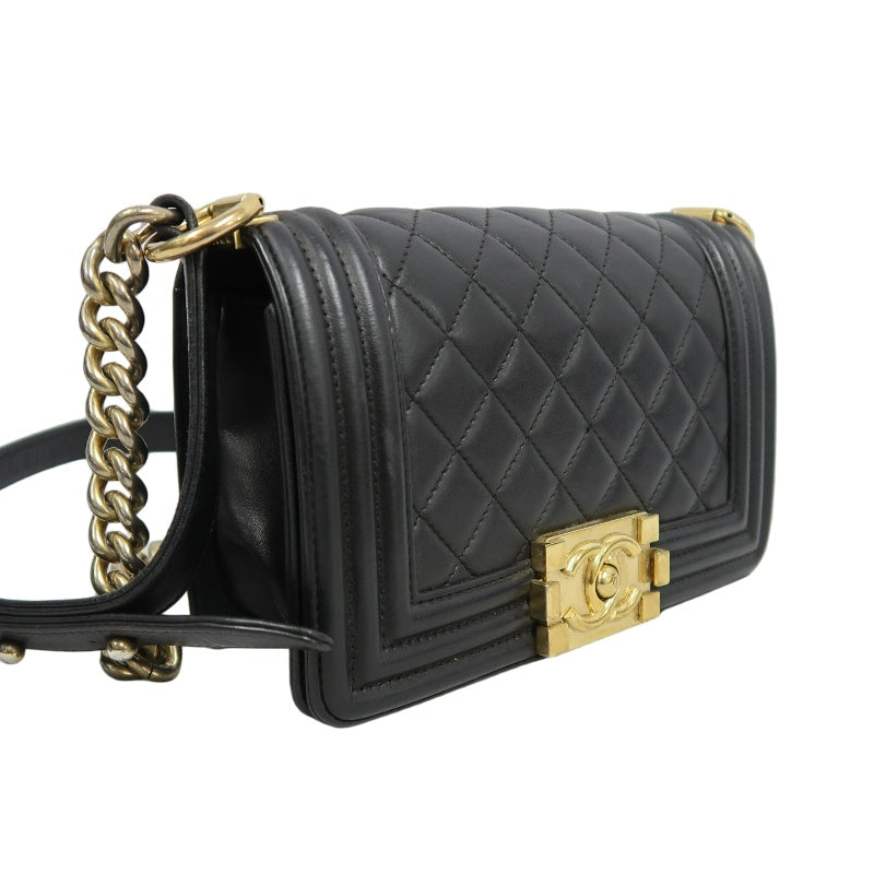 CHANEL Boy Matelassé Lambskin Shoulder Bag Black Gold-Tone Hardware