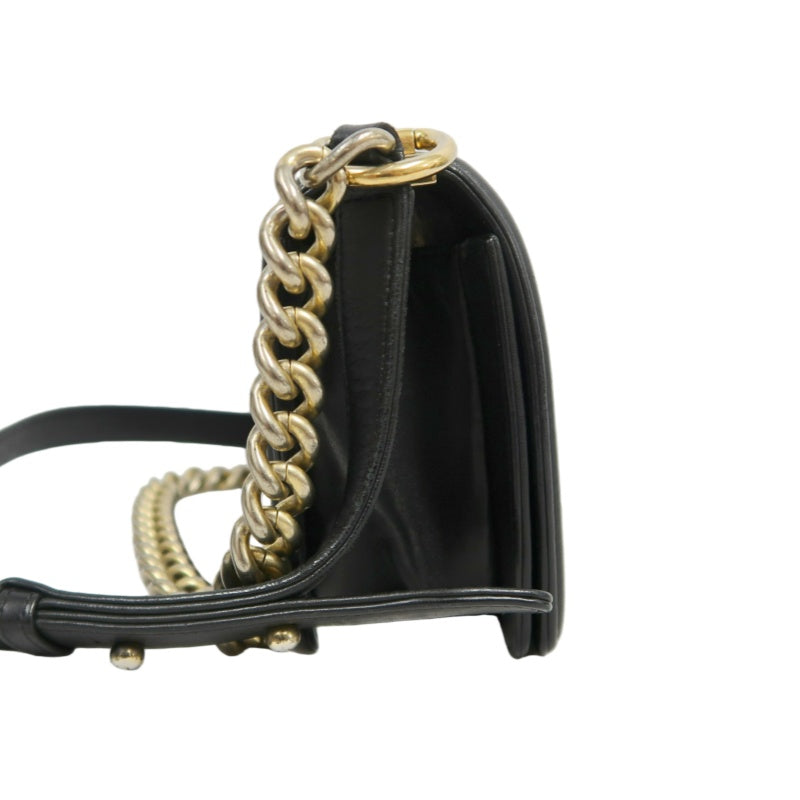 CHANEL Boy Matelassé Lambskin Shoulder Bag Black Gold-Tone Hardware