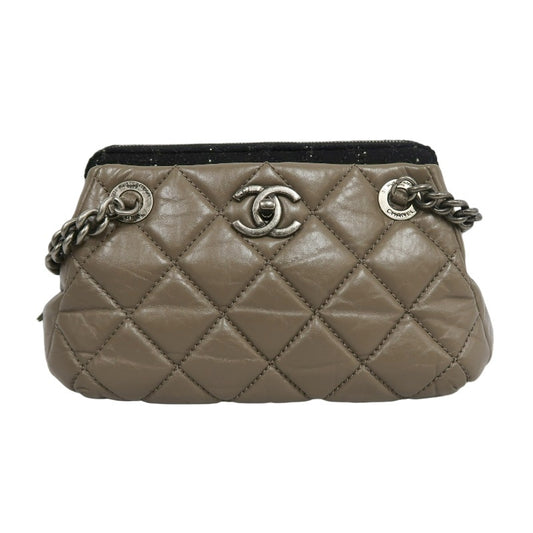 CHANEL Matelasse Lambskin Shoulder Bag Brown Dark Silver-Tone Hardware