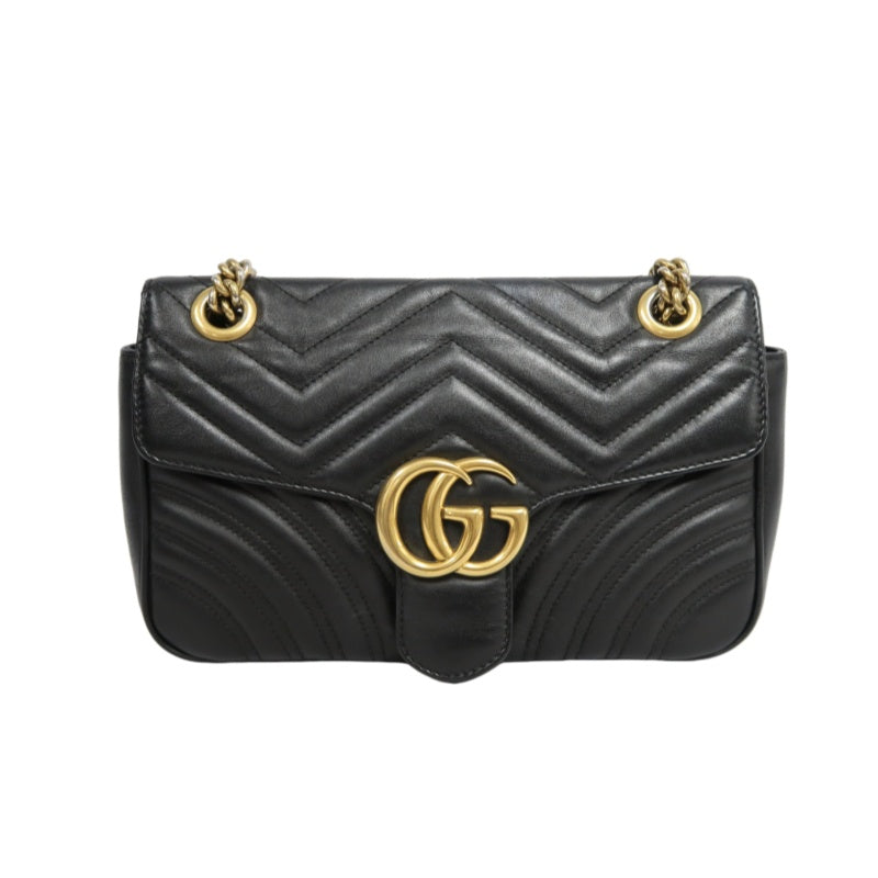 GUCCI Marmont GG Logo Matelassé Leather Shoulder Bag Black Gold-Tone Hardware