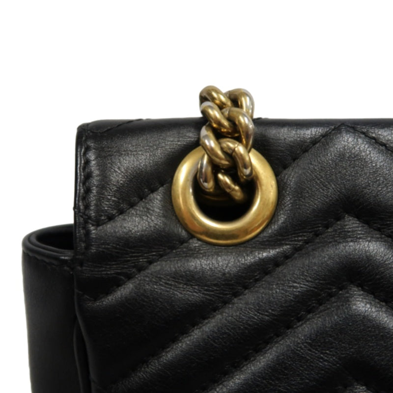 GUCCI Marmont GG Logo Matelassé Leather Shoulder Bag Black Gold-Tone Hardware
