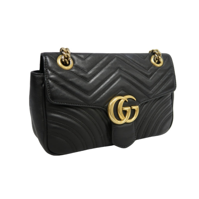 GUCCI Marmont GG Logo Matelassé Leather Shoulder Bag Black Gold-Tone Hardware