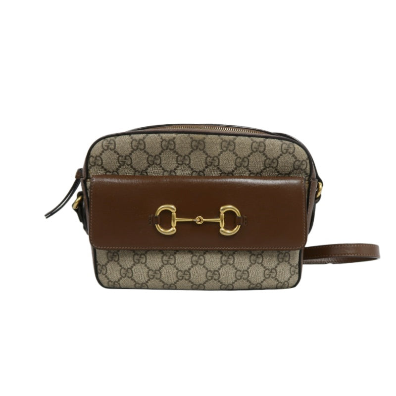 GUCCI GG Supreme Horsebit PVC Shoulder Bag Brown Gold-Tone Hardware