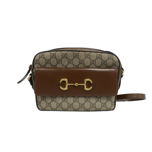 GUCCI GG Supreme Horsebit PVC Shoulder Bag Brown Gold-Tone Hardware
