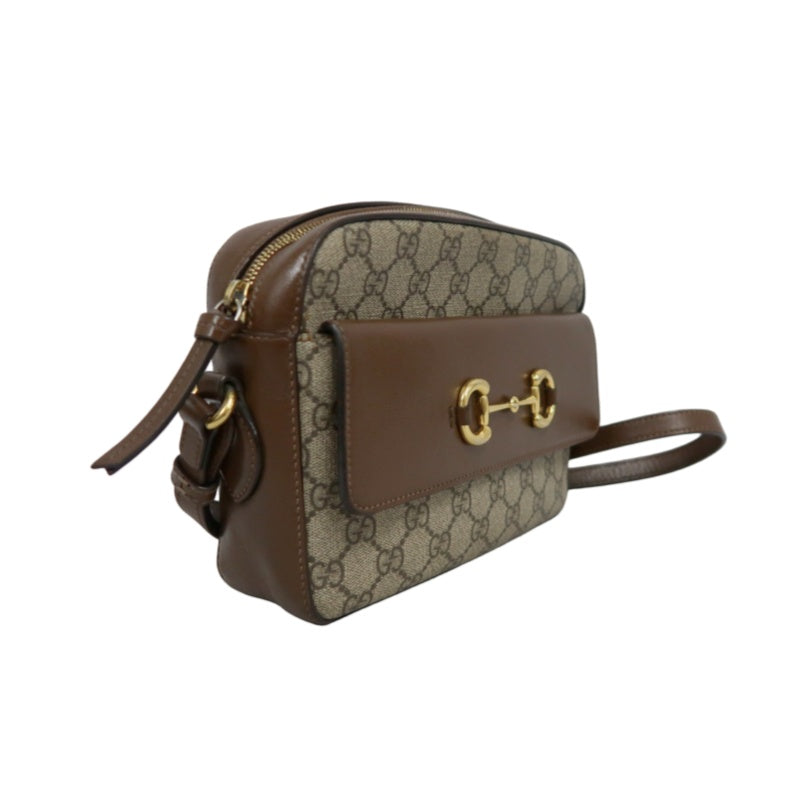 GUCCI GG Supreme Horsebit PVC Shoulder Bag Brown Gold-Tone Hardware