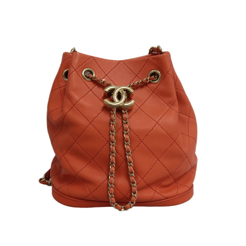 CHANEL Matelasse Caviar Leather Drawstring Bucket Shoulder Bag Orange Gold-Tone Hardware
