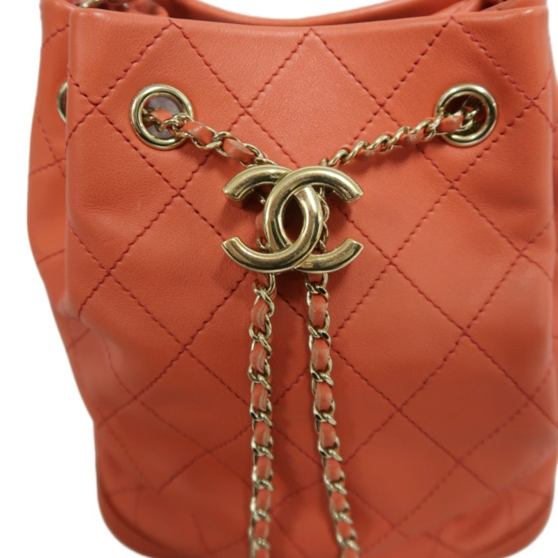CHANEL Matelasse Caviar Leather Drawstring Bucket Shoulder Bag Orange Gold-Tone Hardware