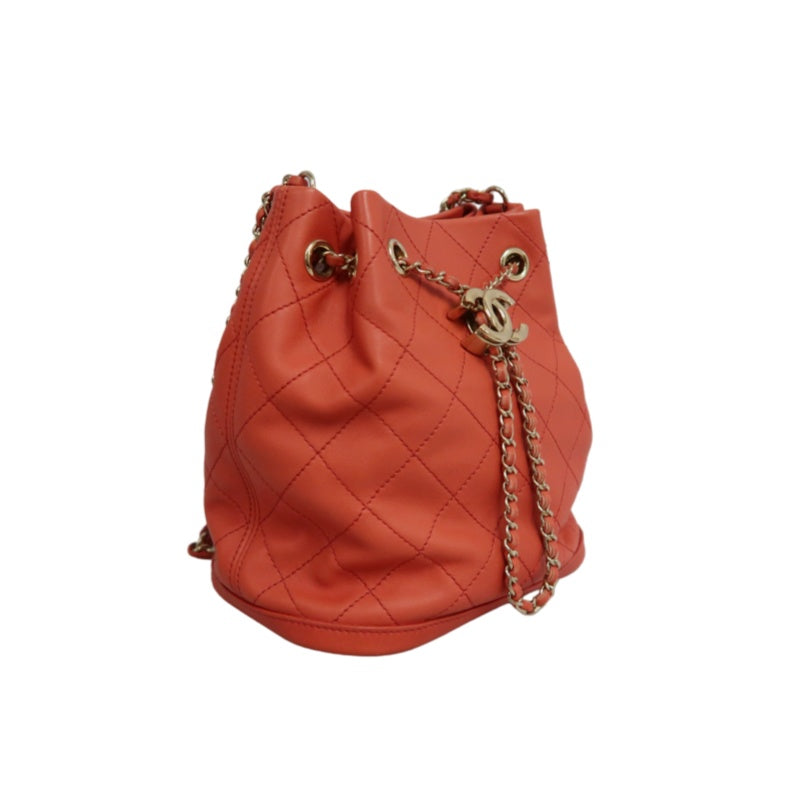 CHANEL Matelasse Caviar Leather Drawstring Bucket Shoulder Bag Orange Gold-Tone Hardware