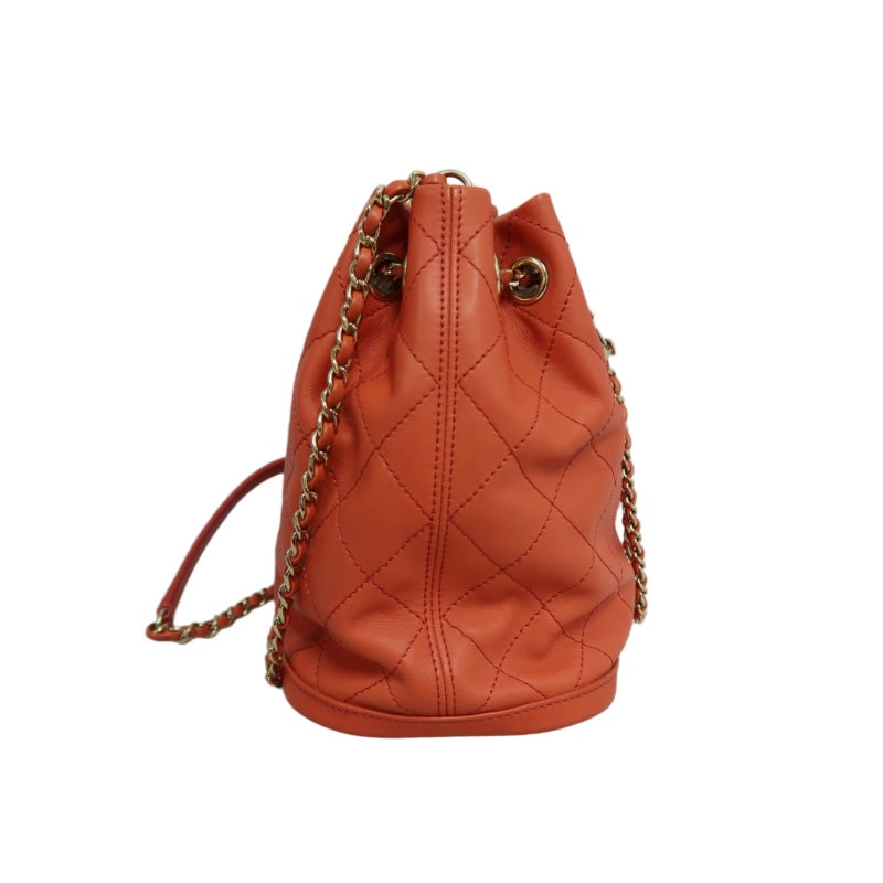 CHANEL Matelasse Caviar Leather Drawstring Bucket Shoulder Bag Orange Gold-Tone Hardware