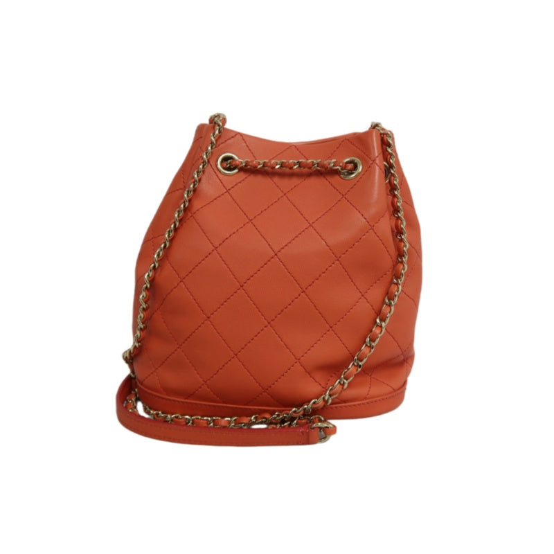 CHANEL Matelasse Caviar Leather Drawstring Bucket Shoulder Bag Orange Gold-Tone Hardware