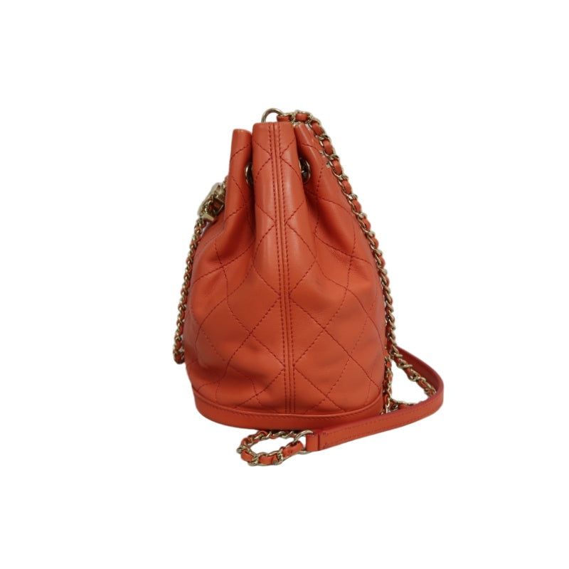 CHANEL Matelasse Caviar Leather Drawstring Bucket Shoulder Bag Orange Gold-Tone Hardware