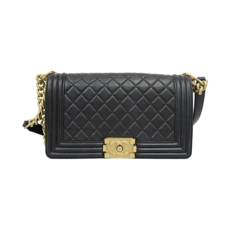 CHANEL Boy Matelassé Caviar Leather Shoulder Bag Black Gold-Tone Hardware
