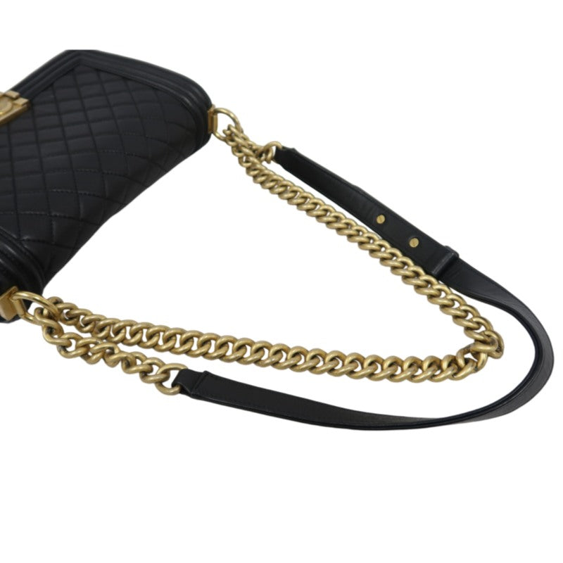 CHANEL Boy Matelassé Caviar Leather Shoulder Bag Black Gold-Tone Hardware