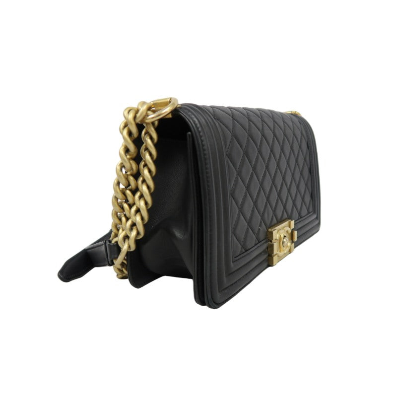 CHANEL Boy Matelassé Caviar Leather Shoulder Bag Black Gold-Tone Hardware