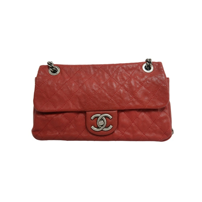 CHANEL Classic Flap CF Caviar Leather Shoulder Bag Red Dark Silver-Tone Hardware With Guarantee Card