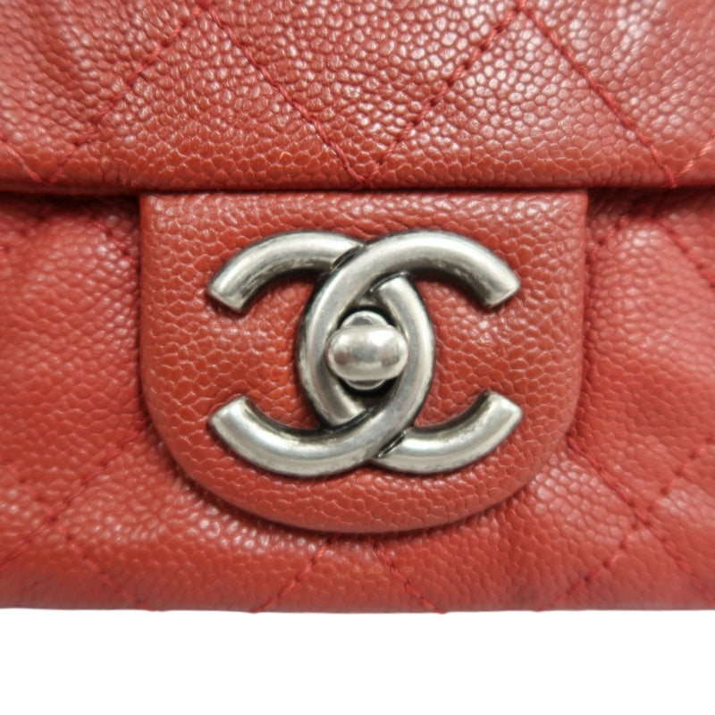 CHANEL Classic Flap CF Caviar Leather Shoulder Bag Red Dark Silver-Tone Hardware With Guarantee Card
