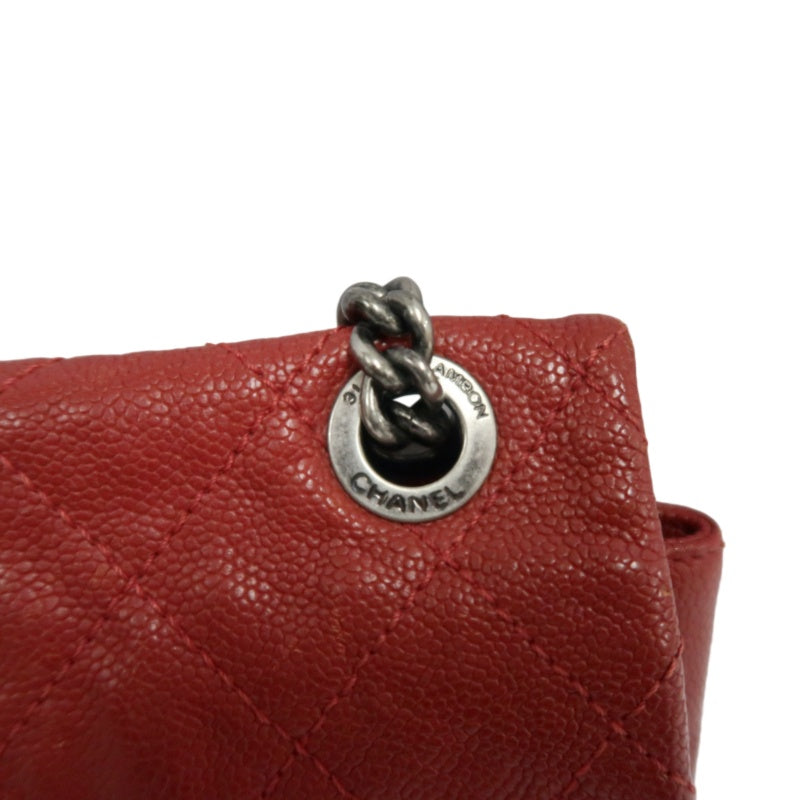CHANEL Classic Flap CF Caviar Leather Shoulder Bag Red Dark Silver-Tone Hardware With Guarantee Card