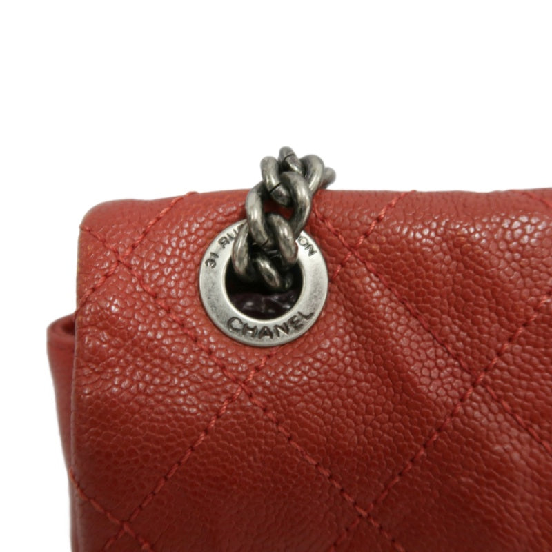 CHANEL Classic Flap CF Caviar Leather Shoulder Bag Red Dark Silver-Tone Hardware With Guarantee Card
