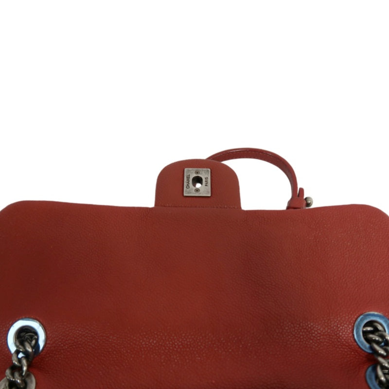 CHANEL Classic Flap CF Caviar Leather Shoulder Bag Red Dark Silver-Tone Hardware With Guarantee Card
