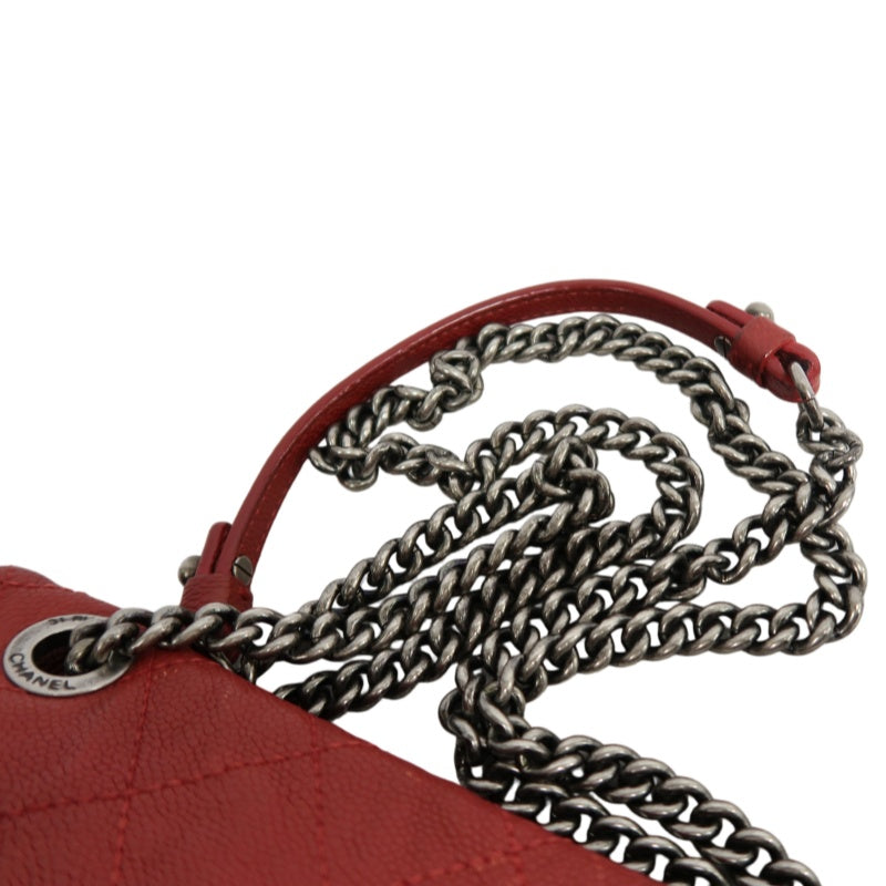 CHANEL Classic Flap CF Caviar Leather Shoulder Bag Red Dark Silver-Tone Hardware With Guarantee Card