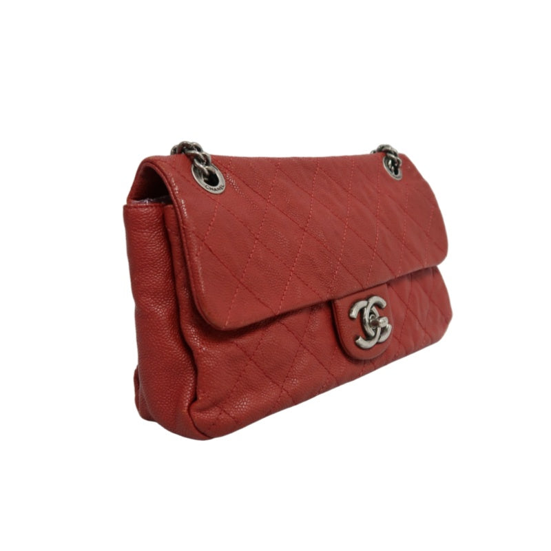 CHANEL Classic Flap CF Caviar Leather Shoulder Bag Red Dark Silver-Tone Hardware With Guarantee Card