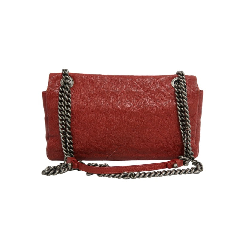CHANEL Classic Flap CF Caviar Leather Shoulder Bag Red Dark Silver-Tone Hardware With Guarantee Card