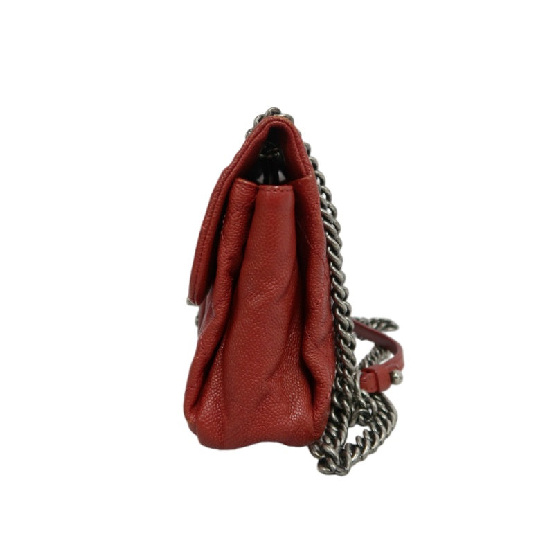 CHANEL Classic Flap CF Caviar Leather Shoulder Bag Red Dark Silver-Tone Hardware With Guarantee Card