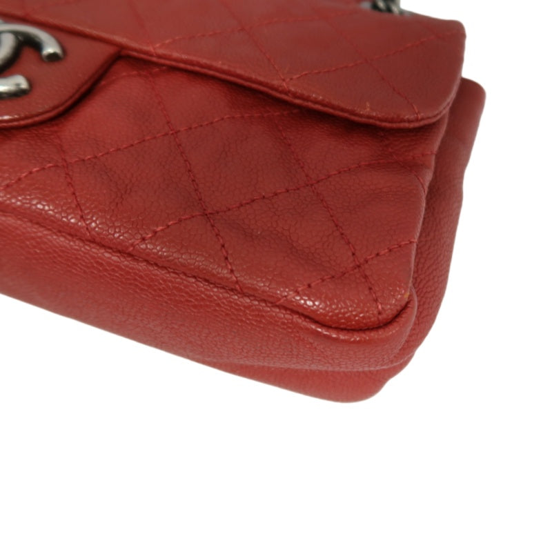 CHANEL Classic Flap CF Caviar Leather Shoulder Bag Red Dark Silver-Tone Hardware With Guarantee Card