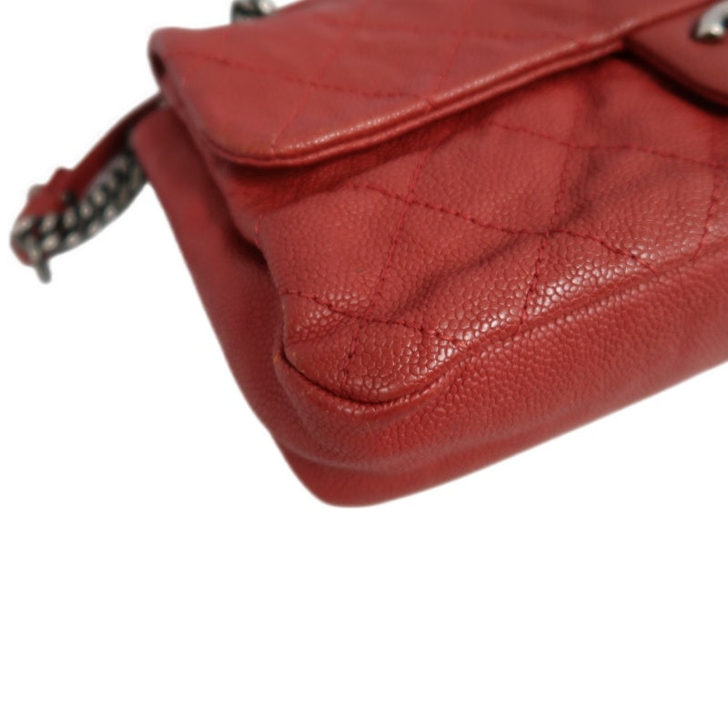 CHANEL Classic Flap CF Caviar Leather Shoulder Bag Red Dark Silver-Tone Hardware With Guarantee Card