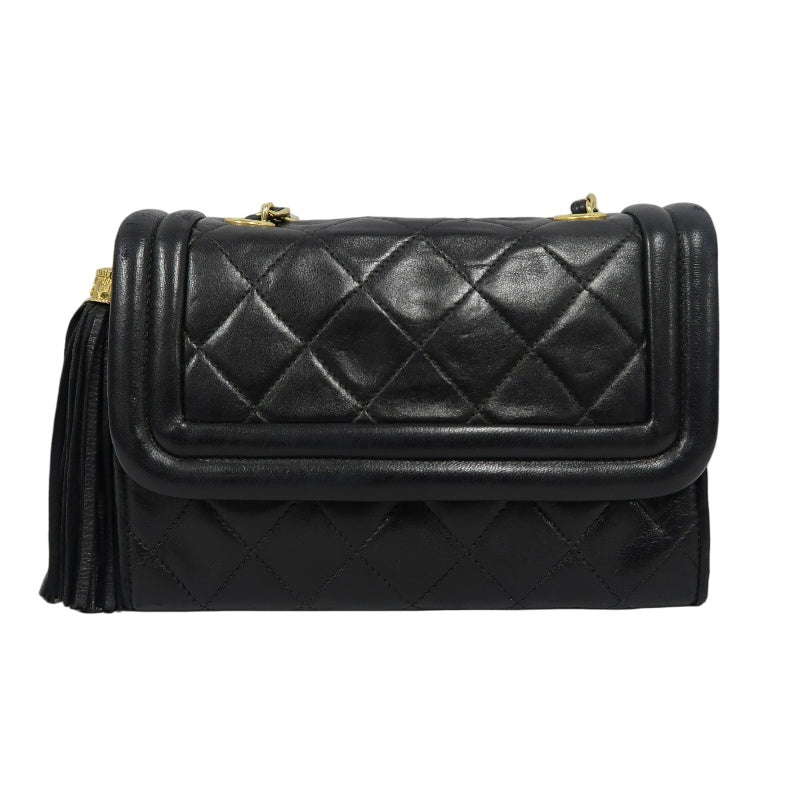 CHANEL Matelasse Lambskin Shoulder Bag Black Gold-Tone Hardware