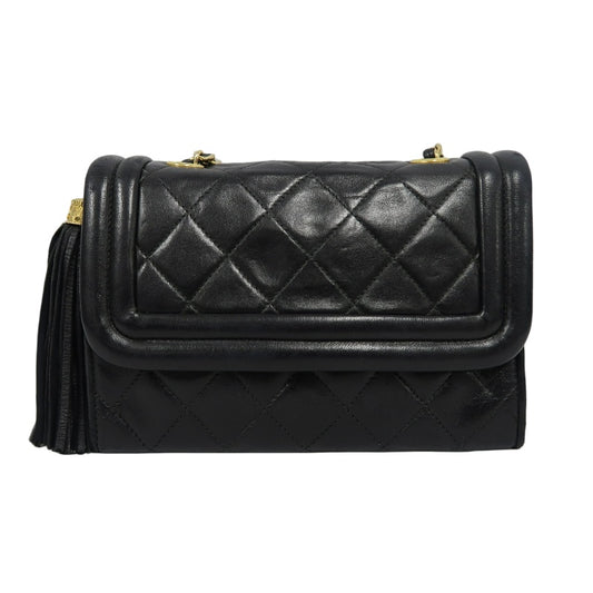 CHANEL Matelasse Lambskin Shoulder Bag Black Gold-Tone Hardware
