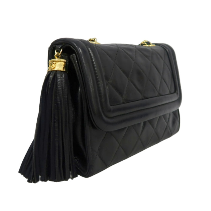 CHANEL Matelasse Lambskin Shoulder Bag Black Gold-Tone Hardware