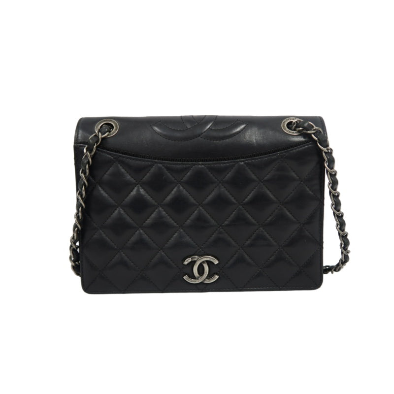 CHANEL Matelassé Lambskin Shoulder Bag Black Silver-Tone Hardware
