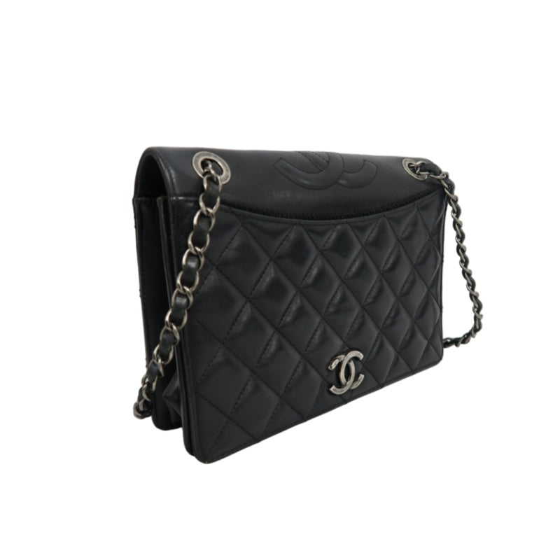CHANEL Matelassé Lambskin Shoulder Bag Black Silver-Tone Hardware