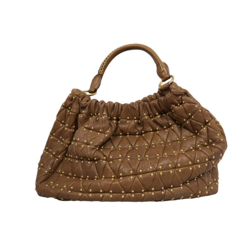 MIU MIU Studded Calf Leather Tote Bag Brown Gold-Tone Hardware
