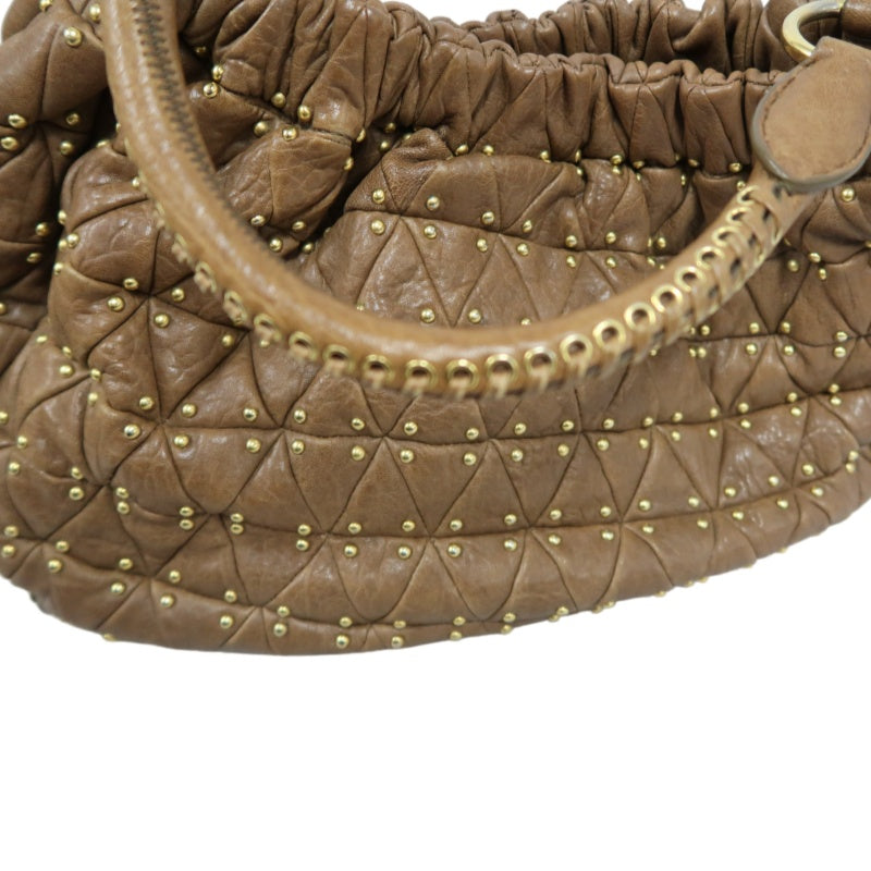 MIU MIU Studded Calf Leather Tote Bag Brown Gold-Tone Hardware