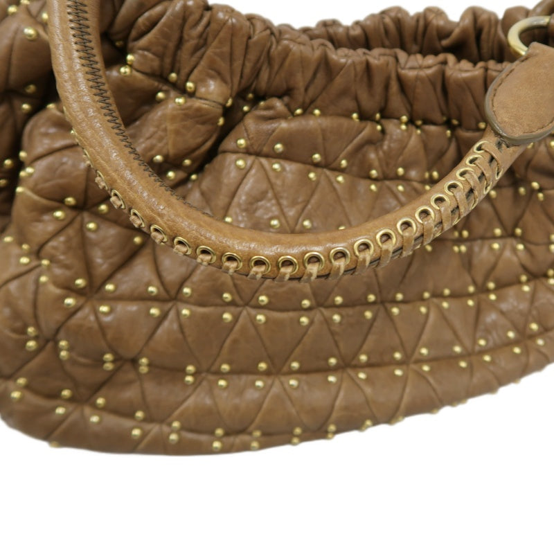 MIU MIU Studded Calf Leather Tote Bag Brown Gold-Tone Hardware