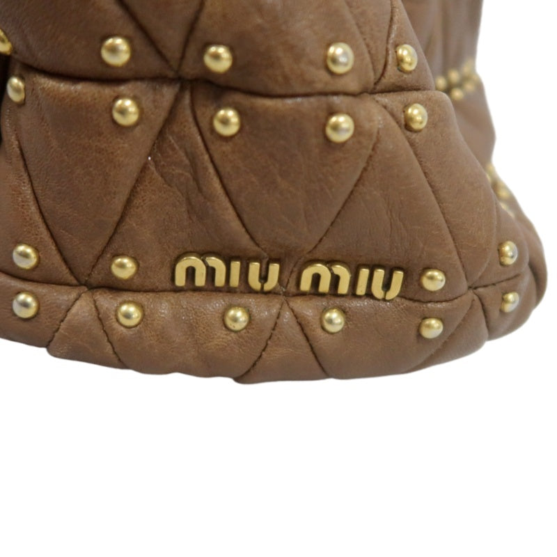 MIU MIU Studded Calf Leather Tote Bag Brown Gold-Tone Hardware
