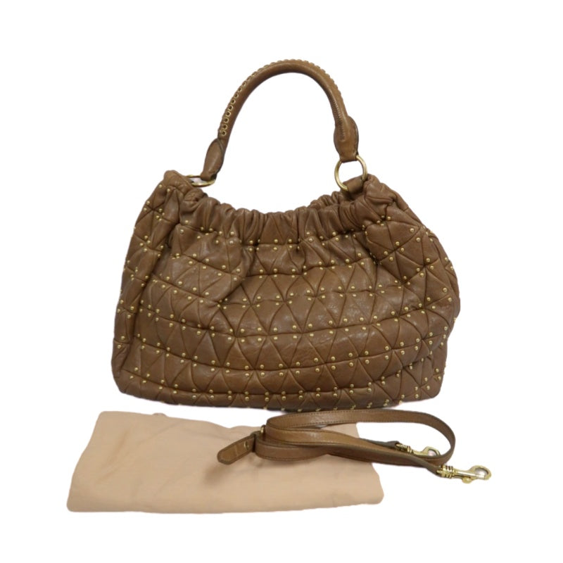 MIU MIU Studded Calf Leather Tote Bag Brown Gold-Tone Hardware