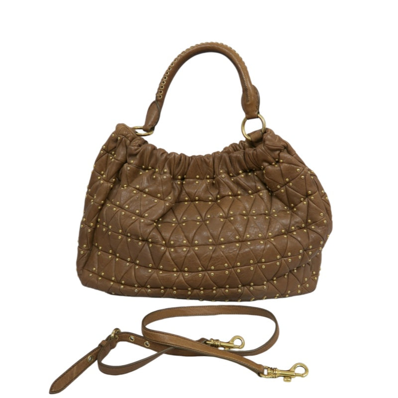 MIU MIU Studded Calf Leather Tote Bag Brown Gold-Tone Hardware