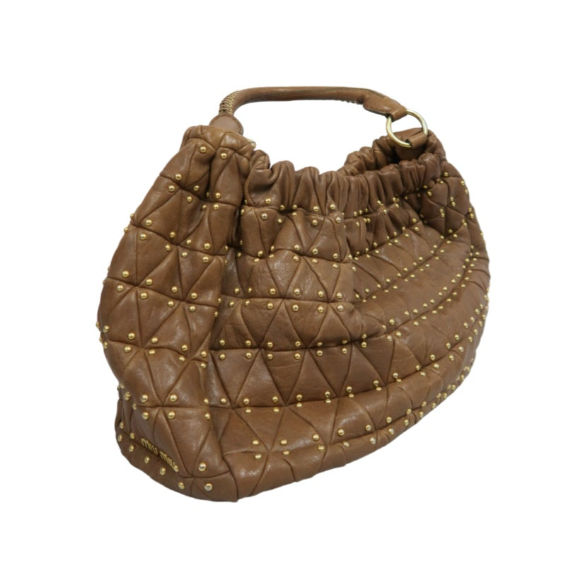 MIU MIU Studded Calf Leather Tote Bag Brown Gold-Tone Hardware