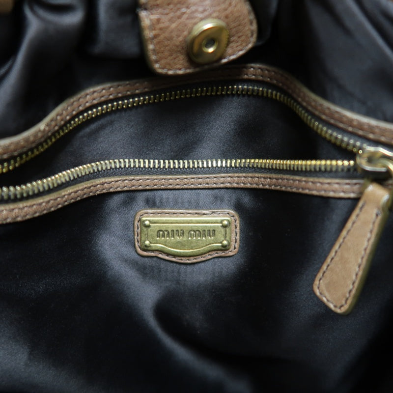 MIU MIU Studded Calf Leather Tote Bag Brown Gold-Tone Hardware