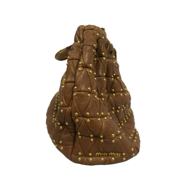 MIU MIU Studded Calf Leather Tote Bag Brown Gold-Tone Hardware